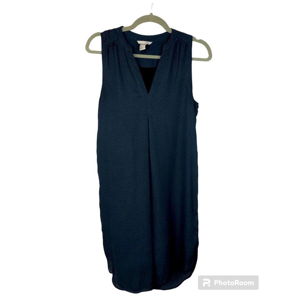 H&M Dress Small Stand Up Collar Sleeveless V Neck Lined Shirt Tail Hem NavyBlack